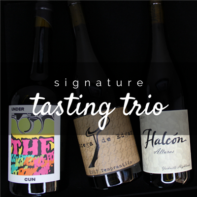 Three 750ml bottles of wine for $98 on the Signature Tasting Trio including Bodega de Edgar Tempranillo Halcon Alturas Syrah and Levo Under the Gun Petite Sirah