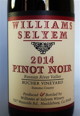 750 ml bottle of 2014 Williams Selyem Pinot Noir from the Bucher Vineyard in the Russian River Valley of Sonoma County California