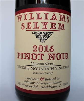 750 ml bottle of Williams Selyem Pinot Noir Precious Mountain Vineyard Sonoma Coast California red wine 2016
