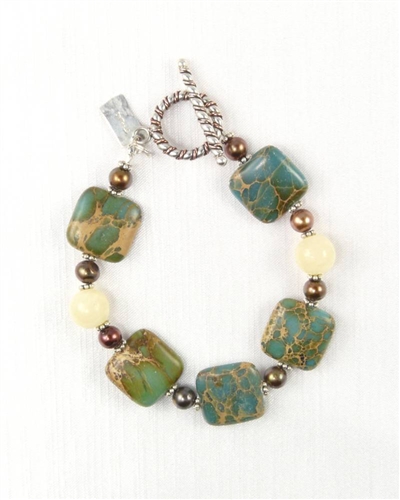 Made In Hawaii, Autumn Cottonwood Bracelet, Aqua Terra Jasper Gems, Chocolate Pearls, Honey Calcite, Sterling Silver