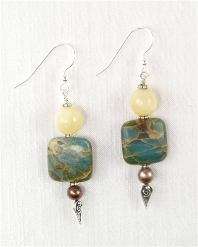 Made in Kauai, Autumn Cottonwood Earrings composed of Aqua Terra Jasper gems, Chocolate pearls, Honey Calcite, Sterling Silver