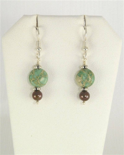 Made in Kauai, Aqua Terra Earrings composed of Aqua Terra Jasper gems, Chocolate pearls, Sterling Silver