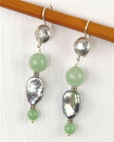 Made in Kauai, Tropical Forest Earrings, Green Jade, Biwa Pearl, Sterling Silver Dragonfly Design