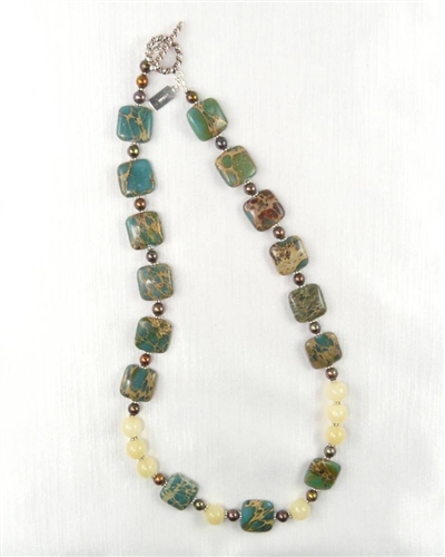 Made On Kauai Island By Thresh, Autumn Cottonwood Necklace-Aqua Terra Jasper Gems, Chocolate Pearls, Honey Calcite, Sterling Silver