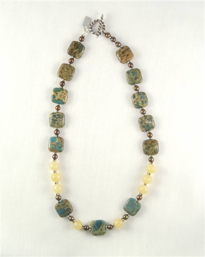 Made On Kauai Island By Thresh, Autumn Cottonwood Necklace I, Aqua Terra Jasper Gems, Chocolate Pearls, Honey Calcite, Sterling Silver