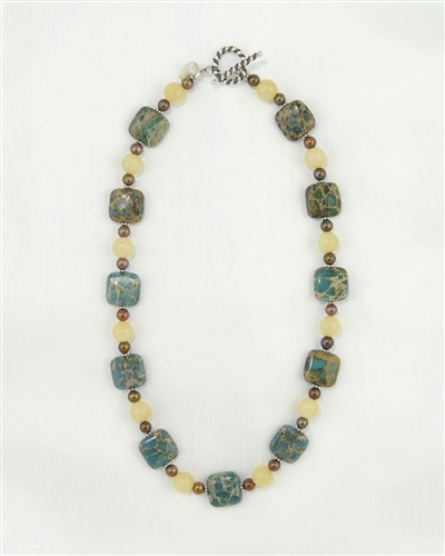 Made On Kauai Island By Thresh, Autumn Cottonwood Necklace II, Aqua Terra Jasper Gems, Chocolate Pearls, Honey Calcite, Sterling Silver