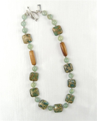 Made In Kauai Aqua Terra Treasure Necklace II Aqua Terra Jasper, African Jade, Rum Rum Hardwood, Sterling Silver