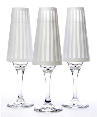 His Tux paper champagne glass shades. Black or White striped pattern on white background.