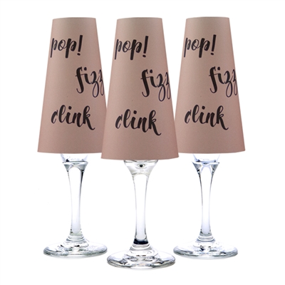 Pop Fizz Clink Paper Champagne Glass Shades. Text on Rose or Gray background.