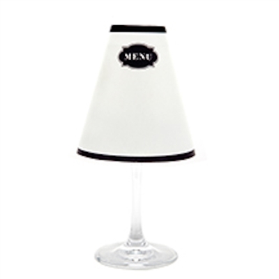 Modern Menu White Wine Glass Shades Party Pack by di Potter contains 12 or 48 shades in a package white shade with a black menu sign to write your own menu add to a wine glass with flameless tea lights