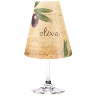 Oliva Red Wine Glass Shades Party Pack by di Potter brown wood barrel background purple olive green add to a wine glass with a flameless tea light.