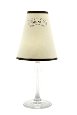 Set of 6 Paris Menu translucent paper white wine glass shades.  All one pattern.  Allows you to customize your shade for every meal.  Available in parchment and white.  Made in the USA.