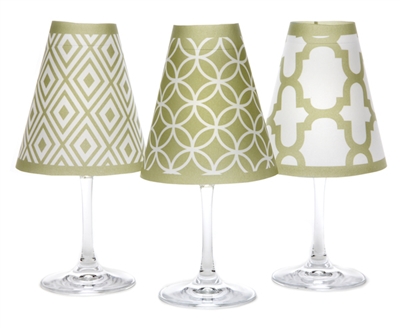 Coordinating fret, circle, and diamond pattern paper white wine glass shades. Available in isle blue, fiesta orange and oasis green.  Made in the USA.