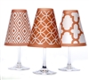 Coordinating fret, circle, and diamond pattern paper white wine glass shades. Available in isle blue, fiesta orange and oasis green.  Made in the USA.