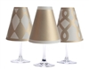 Set of 6 coordinating drum, scroll and solid pattern translucent paper white wine glass shades.  Available in silver and gold.  Made in the USA.