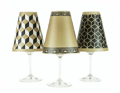 Modern geometric cube, greek key, and 3D line pattern paper white wine glass shades.