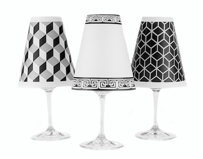 Modern geometric cube, greek key, and 3D line pattern paper white wine glass shades.