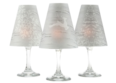 Holiday Birch translucent paper white wine glass shades by di Potter. Christmas shades.  Set of 6 coordinating reindeer tree and snowflake shades.