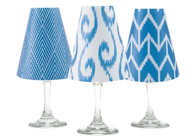 Coordinating Ikat brick, swirl and diamond paper white wine glass shades. Available in Bahama Blue, Aqua, Rose and Midnight Blue  Made in the USA.