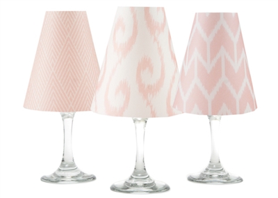 Coordinating Ikat brick, swirl and diamond paper white wine glass shades. Available in Bahama Blue, Aqua, Rose and Midnight Blue  Made in the USA.