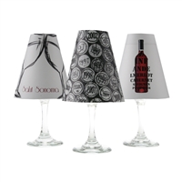 Set of 6 coordinating wine bottle, cork and cheers pattern translucent paper white wine glass shades.  Available in parchment and white.  Made in the USA,