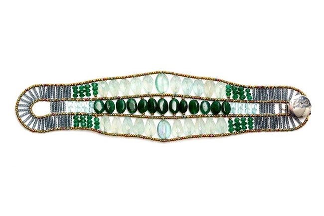 Two-tone Green Cuff Bracelet. This beaded gemstone design by Ziio features soft translucent Green Fluorite in contrast with the bold Green of Malachite. Murano Glass Seed Beads create the form & design. Hand crafted on Stainless Steel  wire. Made in Italy