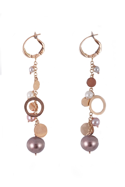 Beautiful long Chandelier Earrings, full of movement, in 18K Rose Gold. Multi-sized Pearls and gold charms descend down the drop. Pearls are White, Pink & Grey and vary in size from 3mm to 9.5mm. Lever Backs. Made in Italy by Zoccai. Length 2 1/2"