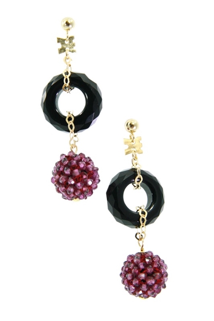 Crafted in Italy by Rajola, a sphere of Purple Garnet Gemstones descend from a ring of Black Onyx. Tiny garnet beads have been hand woven onto a sphere to create this unique effect. The post and chain links are made of 18k Gold.