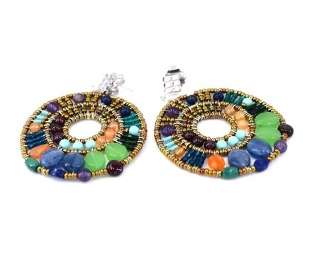 The "Cici" Earring by Ziio is a masterpiece of rich multi-colored Gemstones. Purple Amazonite & Amethyst, Green Chrysophrase, Red Garnet, Blue Kyanite, Iolite, Lapis & Malachite, Orange Carnelian - beautifully blended together. Sterling Silver Posts