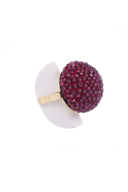 Ring-Small faceted Purple Garnet Beads hand woven into a Sphere. The depth of color & faceted Gemstones give it amazing sparkle from every angle. The mounting and Ring band are in 18K Yellow Gold. Made in Italy by Rajola. Width 1 1/8" Size 7.