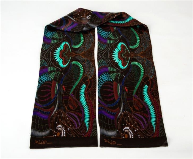 Ziio's Jungle Print Silk Tube Scarf in Black. A beautiful pattern in Black with shades of Blue, Green, Brown & Burgundy. Made in Italy. L 63" X W 8"