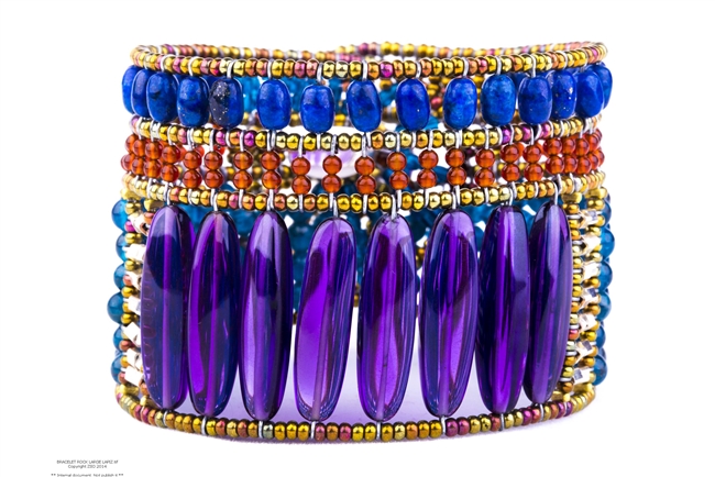 A stunning Designer Cuff Bracelet by Ziio features large polished Amethyst Gemstones, accented with Blue Lapis & Rust Red Carnelian Gemstones. Sterling Silver & Murano Glass Beads frame & define. 925 Sterling Silver Button Closure, adjustable length. Larg