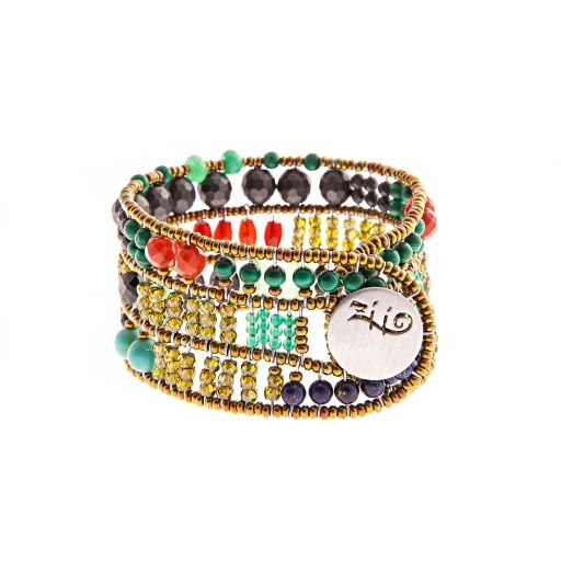 Beautiful Art-to-Wear Cuff from Ziio's Aki Collection.  Done in Green Malachite, Chrysophrase, Zircon & Carnelian Gemstones with Turquoise, Pyrite & Murano Glass Beads. on Stainless Steel wire. Signature 925 SS Button Closure. 7" to 7 3/4". Hand crafted