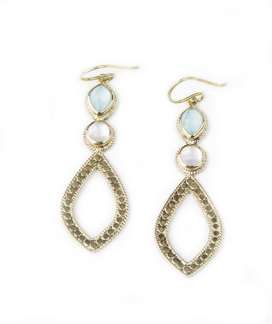 Gold plated Sterling Silver Drop Earrings by Anna Beck. Turquoise Gemstones with a Mother of Pearl overlay, and Mother of Pearl. Handcrafted in Bali by artisans these Chandelier earrings feature intricate metal work. Length 2 1/2" X Width 3/4"