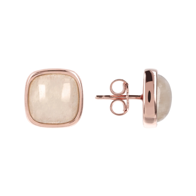 These Button Post Earrings feature a beautiful Moonstone Cabochon Gemstone framed in 18k Golden Rose' plating. Crafted in Milan, Italy by Bronzallure. 1/2 inch square. These classic earrings are the perfect neutral for everyday.