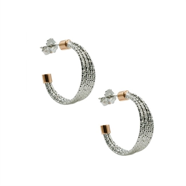 Laser Cut Hoop Earrings with a little Italian twist by laser cutting the White Sterling Hoops & caping in Rose Gold plated Sterling Silver, they are anything but boring. Made in Italy by  Frederic Duclos. L 7/8" X W 1/4"