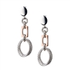 "Abigail" Earrings by Frederic Duclos feature double Oval, White 925 Sterling rings, laser cut for sparkle. Rectangular links, Rose Gold plated, alternate between the rings. Rhodium plated. Posts. Length 1 3/4". Matching Bracelet & Necklace available.