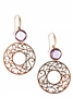 A bezel set Purple Amethyst Gemstone sets off the style in these beautiful Drop Earrings. A laser, lace cut, Filigree Gold Ring adds impact as the drop. Made in Italy by Zoccai in 18k Rose Gold. Hooks