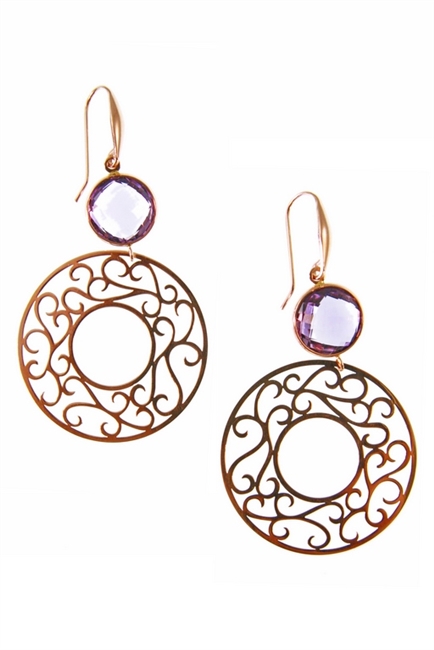 A bezel set Purple Amethyst Gemstone sets off the style in these beautiful Drop Earrings. A laser, lace cut, Filigree Gold Ring adds impact as the drop. Made in Italy by Zoccai in 18k Rose Gold. Hooks