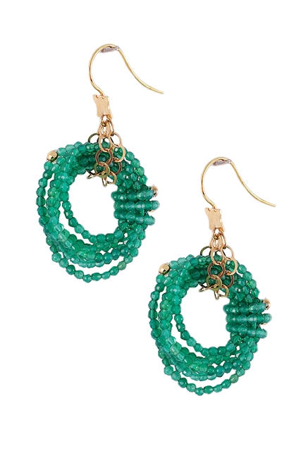 Multiple strands of Emerald Green Agate Gemstone Beads create these Infinity Hoop Earrings by Rajola.  Made in Italy & done in 18k Yellow Gold. Hooks