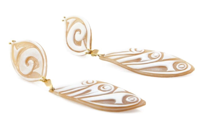 Not your Grandmother's Cameos! Hand carved Cameos are given a modern look in these long drop Earrings by Rajola. The carving has a modern Art Deco design & the top and bottom pieces are hinged for movement. Crafted in Italy. 18k Gold posts with lever back