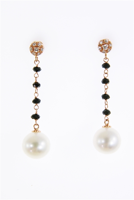 Beautiful drop Earrings that will take you from day to evening. From the White Diamond embelished Studs descends four Onyx Gemstones holding a single White Pearl (aprox 11mm). Made in Italy by Zoccai in 18K Gold. 0.12ctw Diamonds. Length 1 5/8"