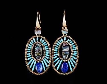 Ziio's Moonlight Drop Earring done with Abalone at the center, surrounded by brilliant Turquoise Beads and a single Blue Lapis Gemstone at the bottom. Hand crafted with Murano Glass Beads. Made in Italy. 925 Sterling Silver Hooks. L 2 1/2"
