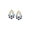 these oval drop Hoop Pearl Earrings have a light  open look, but make a bold statement. They feature a medley of Blue Gemstones in various shapes and sizes, Lapis, Iolite, that blend harmoniously. On a framework of Murano Glass Beads. Posts