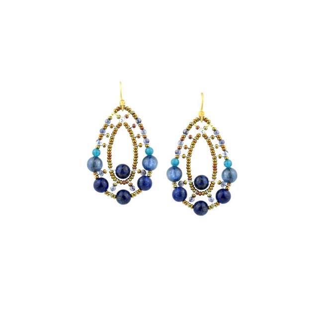 these oval drop Hoop Pearl Earrings have a light  open look, but make a bold statement. They feature a medley of Blue Gemstones in various shapes and sizes, Lapis, Iolite, that blend harmoniously. On a framework of Murano Glass Beads. Posts