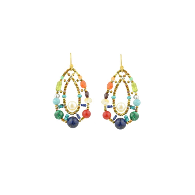 these oval drop Hoop Pearl Earrings have a light  open look, but make a bold statement. They feature a medley of multi-color Gemstones in various shapes and sizes, Citrine, Garnet, Carnelian, that blend harmoniously. On a framework of Murano Glass Beads.