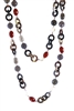 Extra long natural Brown Horn Necklace randomly accented with Grey Quartz, Golden Citrine & Smokey Quartz Gemstone Beads. Rust-color created Beads also add color. Rose Gold plated Sterling Silver Chain links. Snap Clasp.56" long, Crafted in Italy by Amle