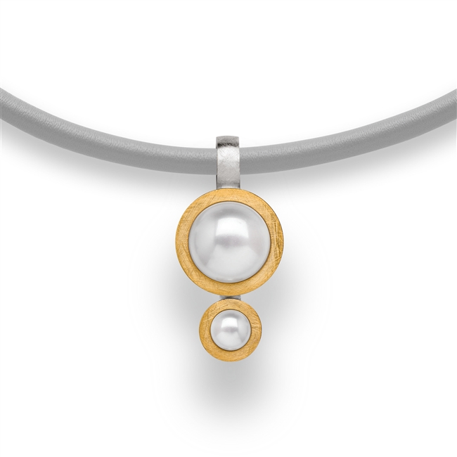 Beautiful double drop White Cultured Pearl Pendant Necklace in two-tone Sterling Silver - White & Yellow Gold plated. Made in Germany by Bastian it comes on a Grey Leather Cord, 18" in length.