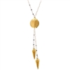 2-tone Gold Solar Wrapped Pendant Drop Necklace by Frederic Duclos. A dimensional round Bead has been Yellow Gold plated, then wrapped with laser cut Gold plated Sterling Silver wire. Two Arrow wrapped beads drop from the pendant. Sterling Silver