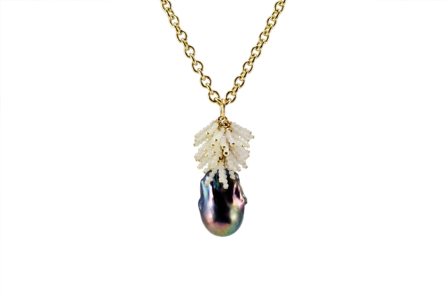 Beautiful long Pearl Pendant Necklace. A large Baroque Peacock Pearl is crowned with a cascade of White Opal gemstones. Wear it with a "T" or your little Black Dress. Made in the U.S. by Silver Pansy. 24 inch Gold Filled Sterling Chain,